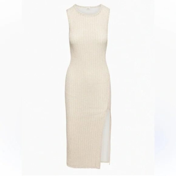 Aritzia Wilfred Verona Gingham Sleeveless Seersucker Midi Beige Size Large - Picture 4 of 10